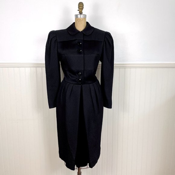 40s-50s style vintage quilted black button front dress - size M - Picture 2 of 10